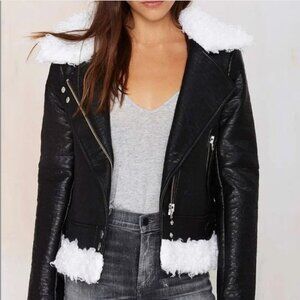 Nasty Gal Vegan Leather Jacket w/ Faux Fur Details Size Small